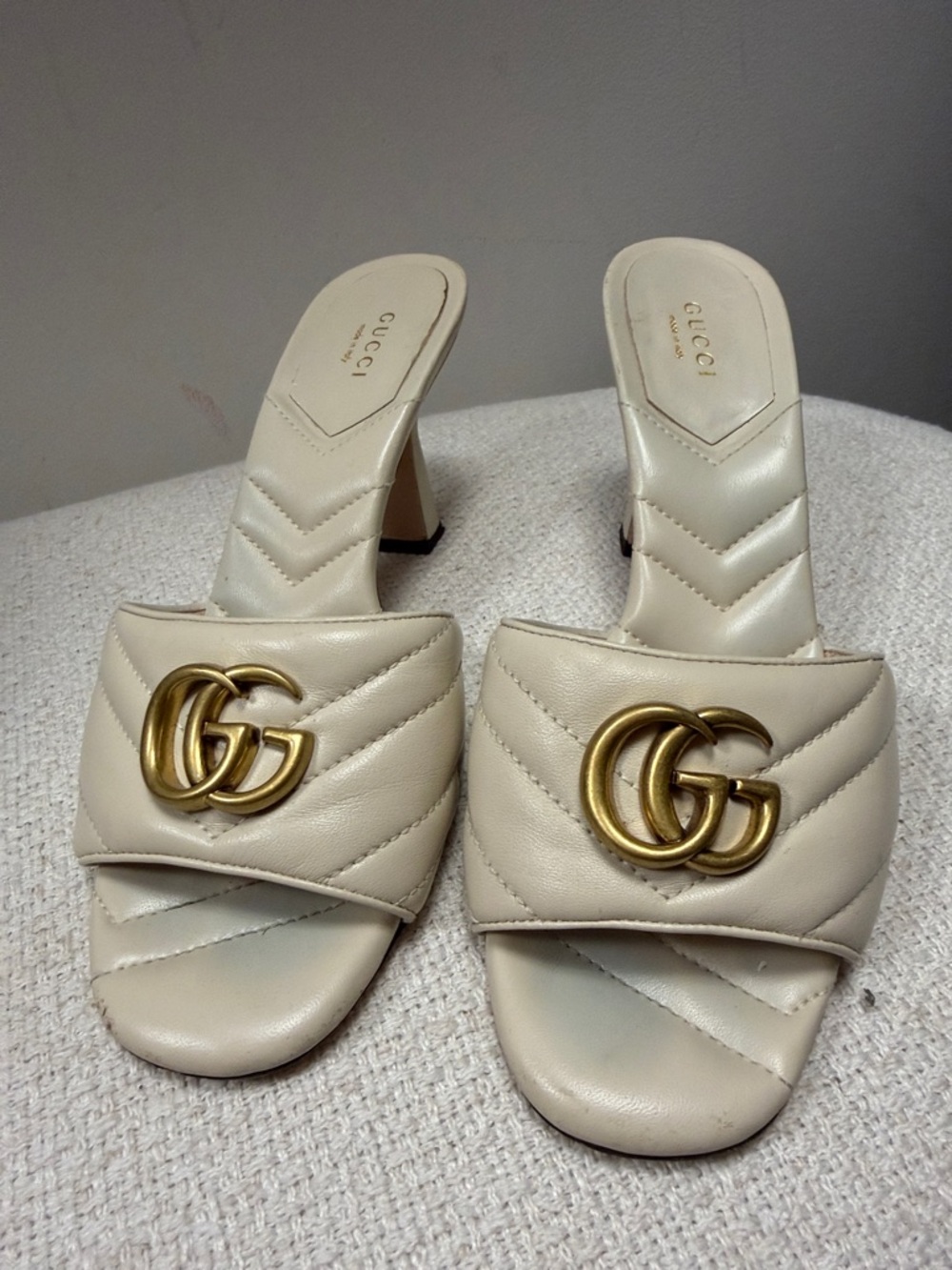 Gucci Cream Quilted Leather Slide Mules with Gold Double G Hardware